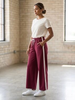 HALARA Burgundy Wide Leg Side Stripe Track Pants Large High Waisted Athleisure